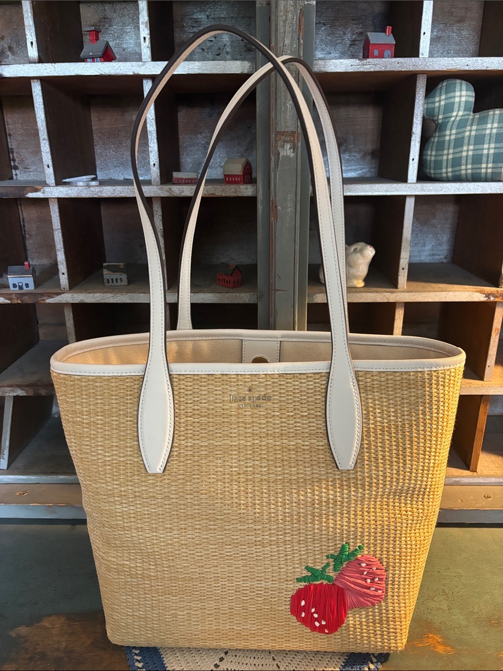 kate spade Straw Tote with Cream Trim and Red Strawberry Appliqué